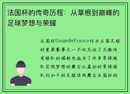 法国杯的传奇历程：从草根到巅峰的足球梦想与荣耀
